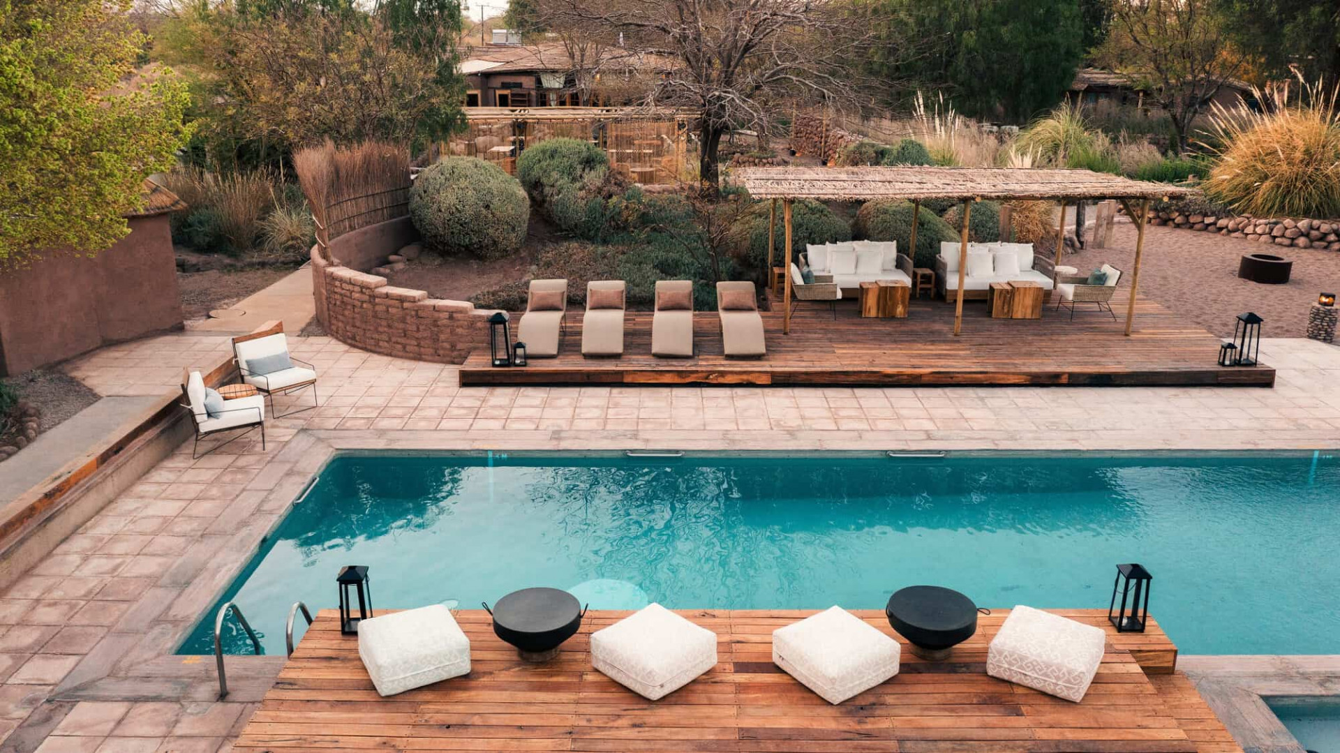 Garden and pool at Our Habitas Atacama in the Chilean dessert of Atacama. 